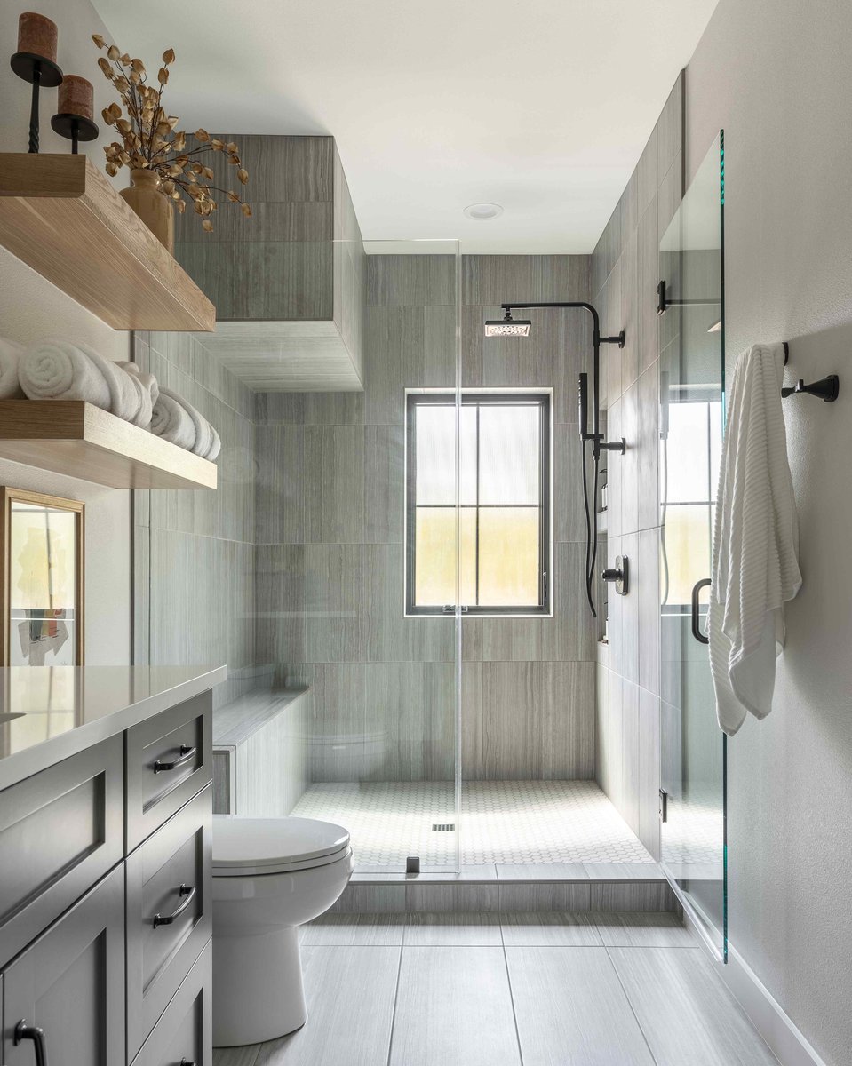 Modern gray color bathroom with open shelves | J Bryant Boyd