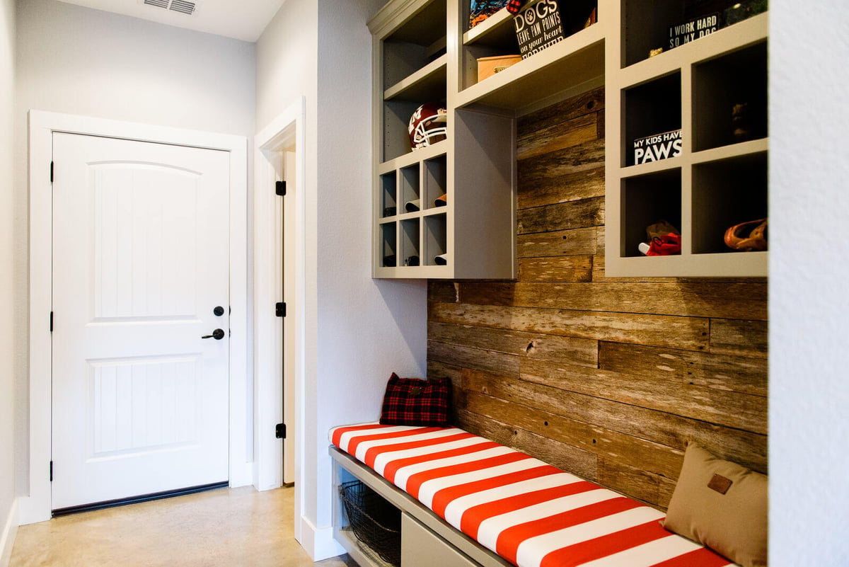 Custom mudroom with built-in shelving and bench seating in a Georgetown, TX home by J Bryant Boyd Design-Build