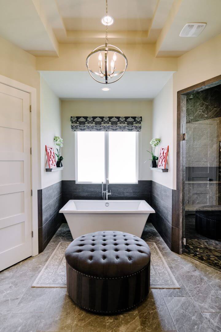 Modern bathroom with standalone tub in a custom home by J Bryant Boyd, Georgetown, Texas